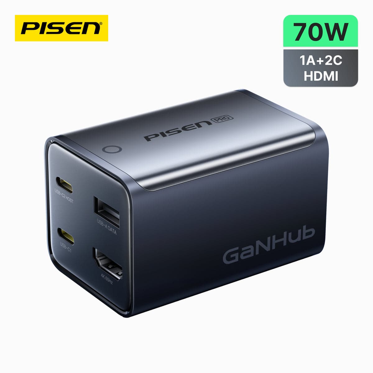 شاحن بايسن GaNHub المكتبي 2 في 1 بقوة 70W مع منفذ عرض 4K